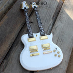Acepro Double Neck Electric Guitar White 6 String Guitarra+ 12 String Guitar Combo, Gold Hardware, Abalone Stem Inlays