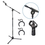 Microphone Stand Foldable Heavy Duty Tripod Karaoke Stands Floor Adjustable Boom Arm Length from 17'' to 31'' with Holder Clip