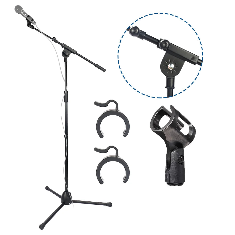 Microphone Stand Foldable Heavy Duty Tripod Karaoke Stands Floor Adjustable Boom Arm Length from 17'' to 31'' with Holder Clip