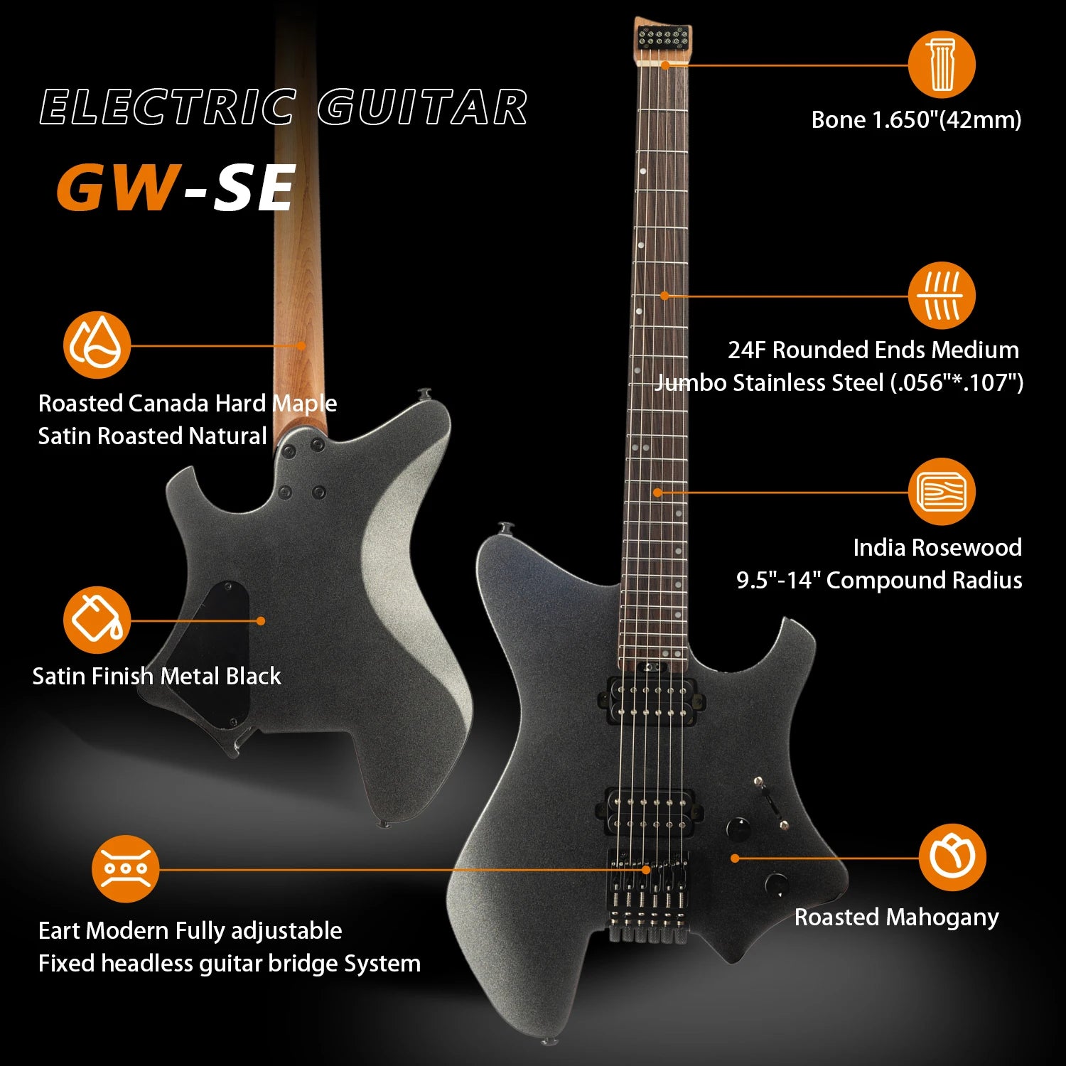 Eart Guitars GW2-SE Modern Fully adjustable Fixed headless guitar bridge System Guitar