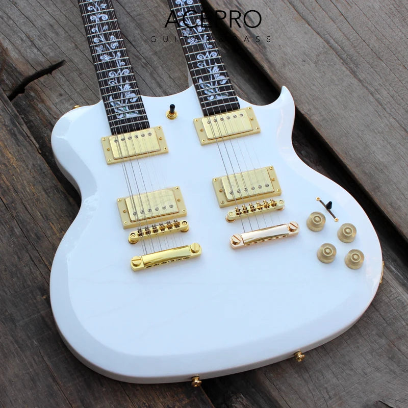 Acepro Double Neck Electric Guitar White 6 String Guitarra+ 12 String Guitar Combo, Gold Hardware, Abalone  Stem Inlays