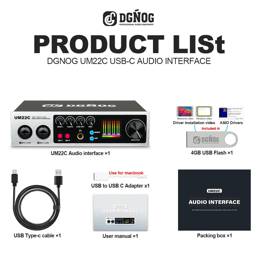 DGNOG UM22C USB Audio Interface 32bit/768KHz Professional USB-C Recording Sound Card for Guitar Studio Podcast Singing Streaming