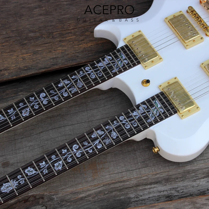 Acepro Double Neck Electric Guitar White 6 String Guitarra+ 12 String Guitar Combo, Gold Hardware, Abalone  Stem Inlays